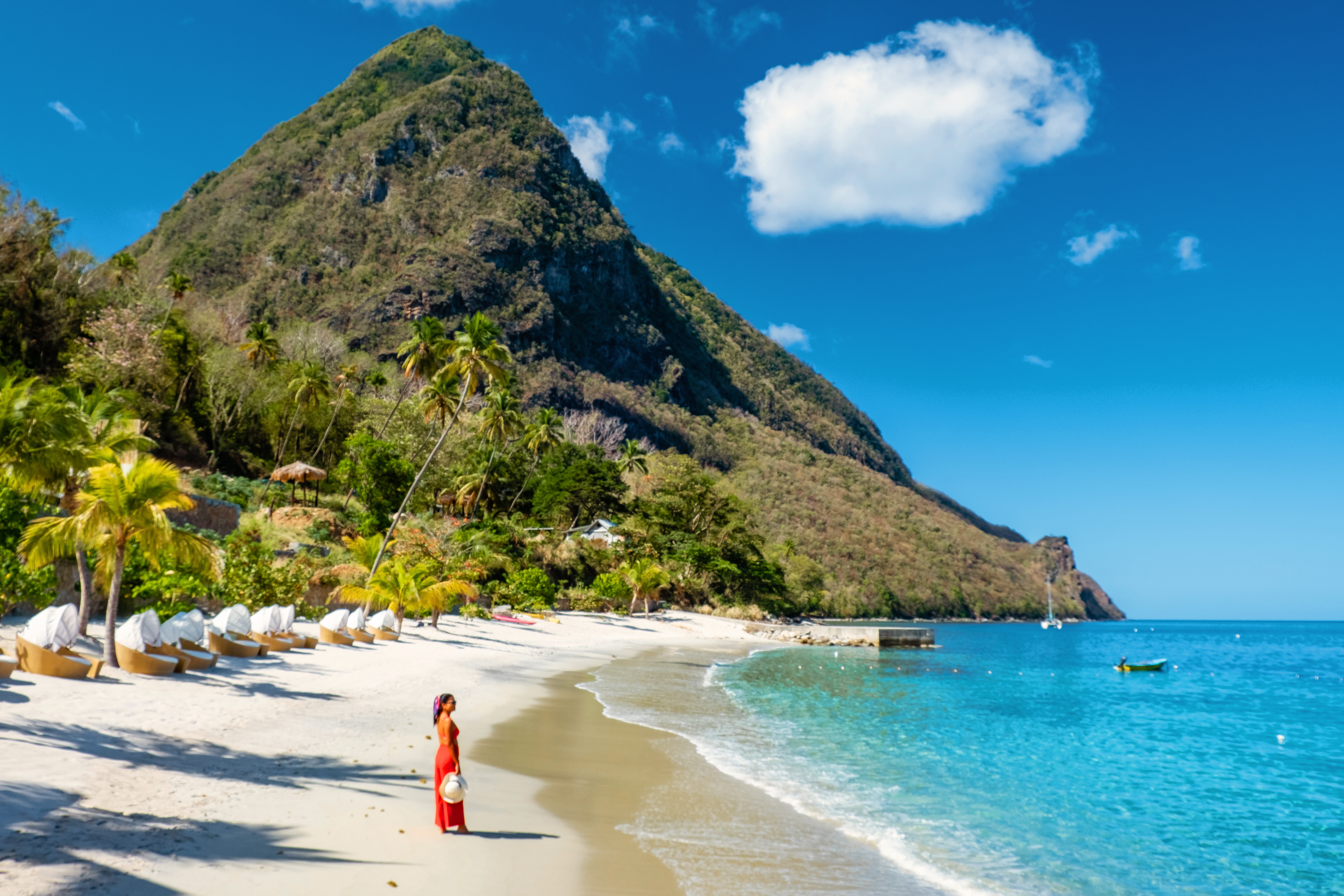 St Lucia Caribbean, woman on vacation at the tropical Island of Saint Lucia